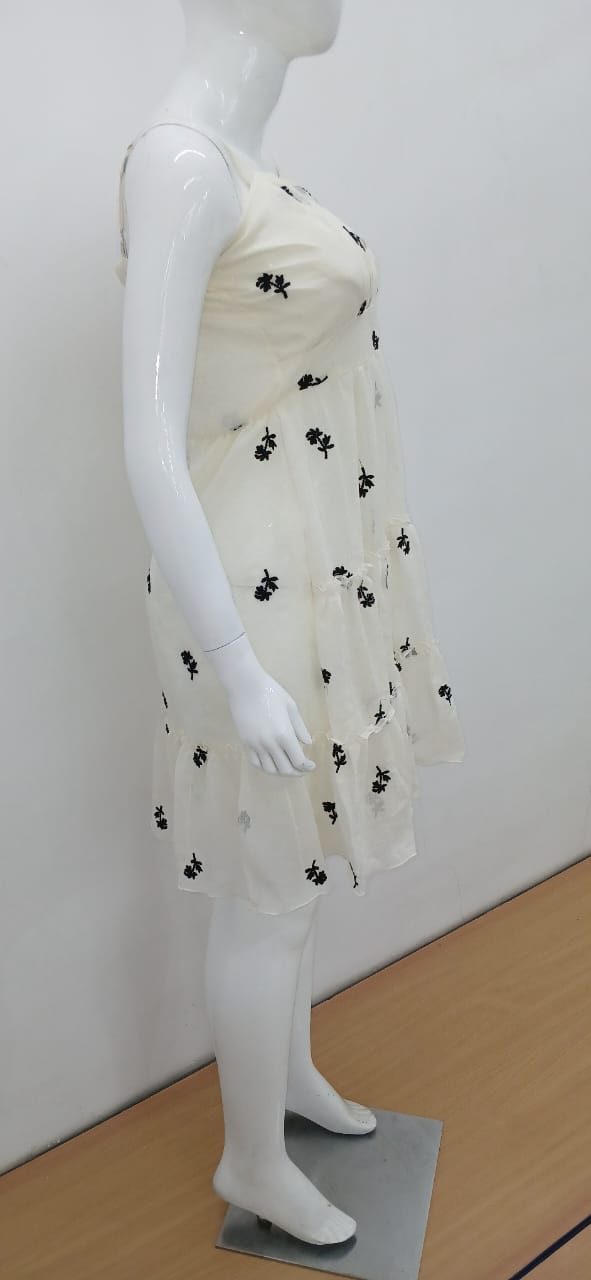 Airy White Dress with Black Floral Accents