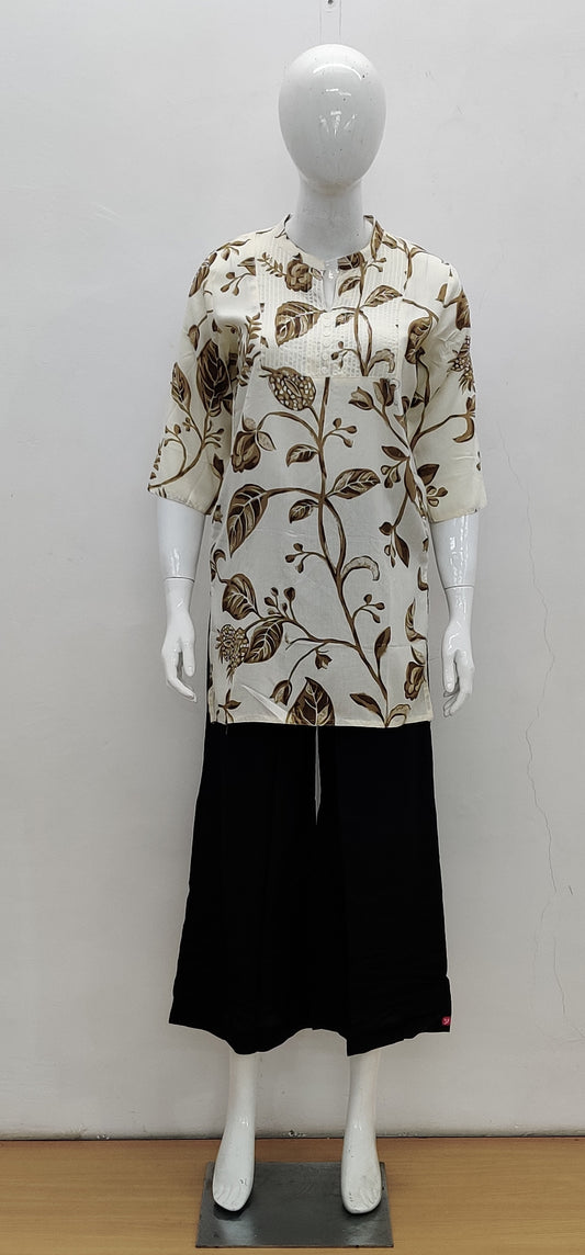 Cream Floral Print Short Kurti