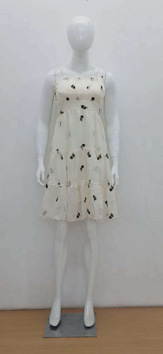 Airy White Dress with Black Floral Accents