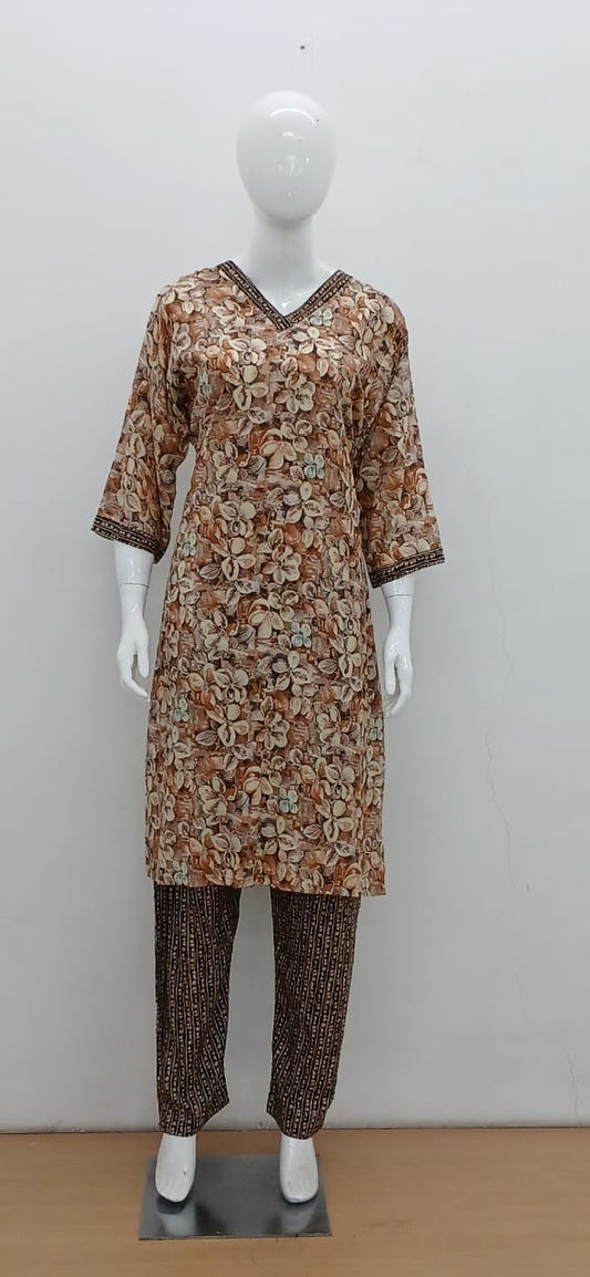 Elegant Brown Floral Printed Kurti Set with Contrast Pants