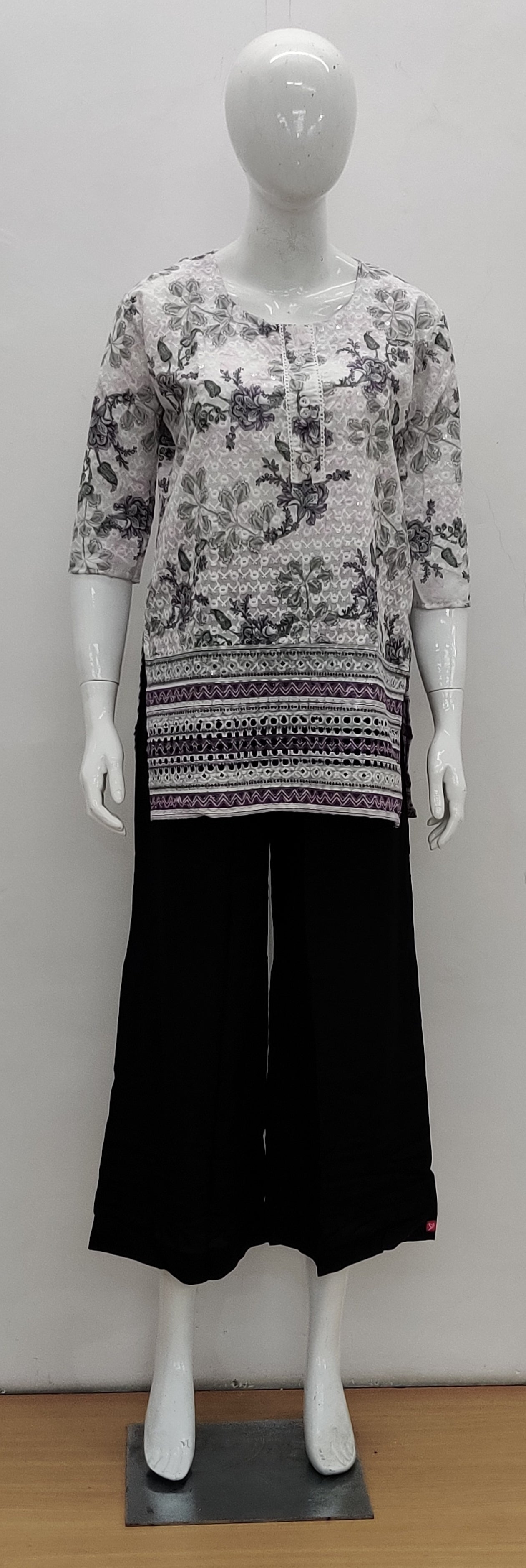 Grey & Purple Floral Print Short Kurti