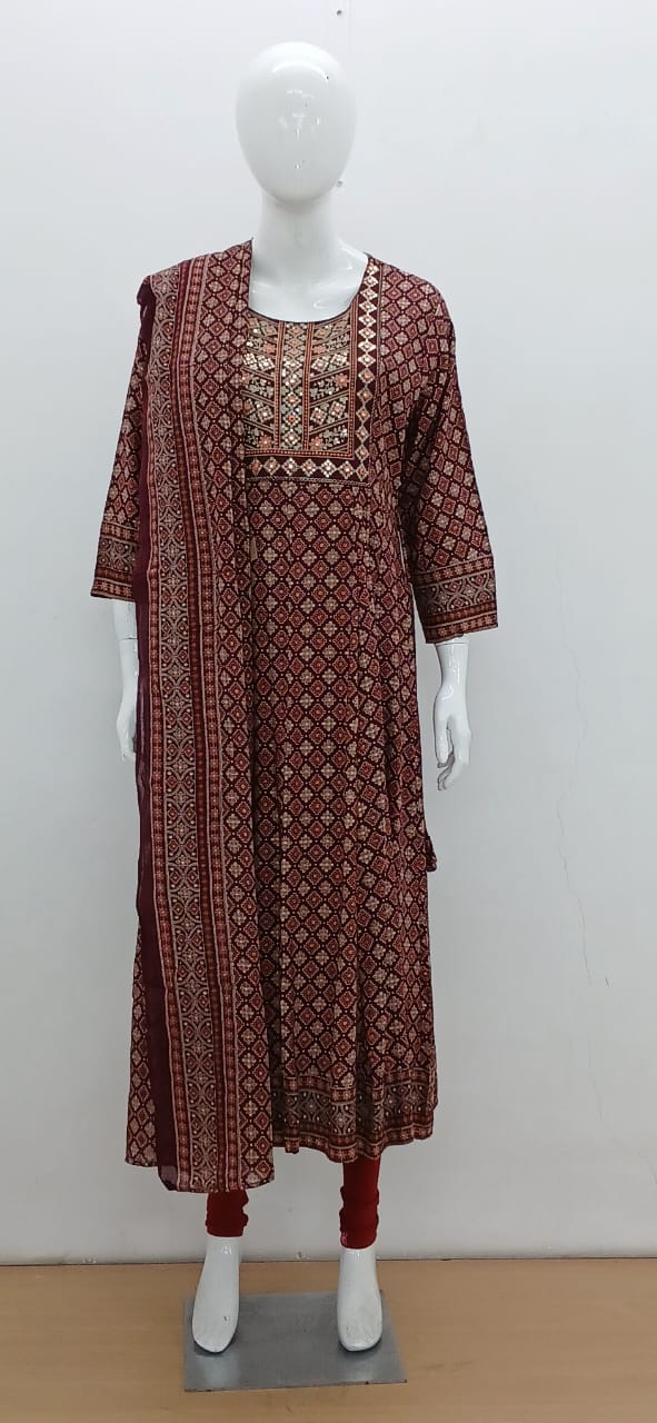 Maroon Ajrakh Print Cotton Kurta Set with Mirror Work