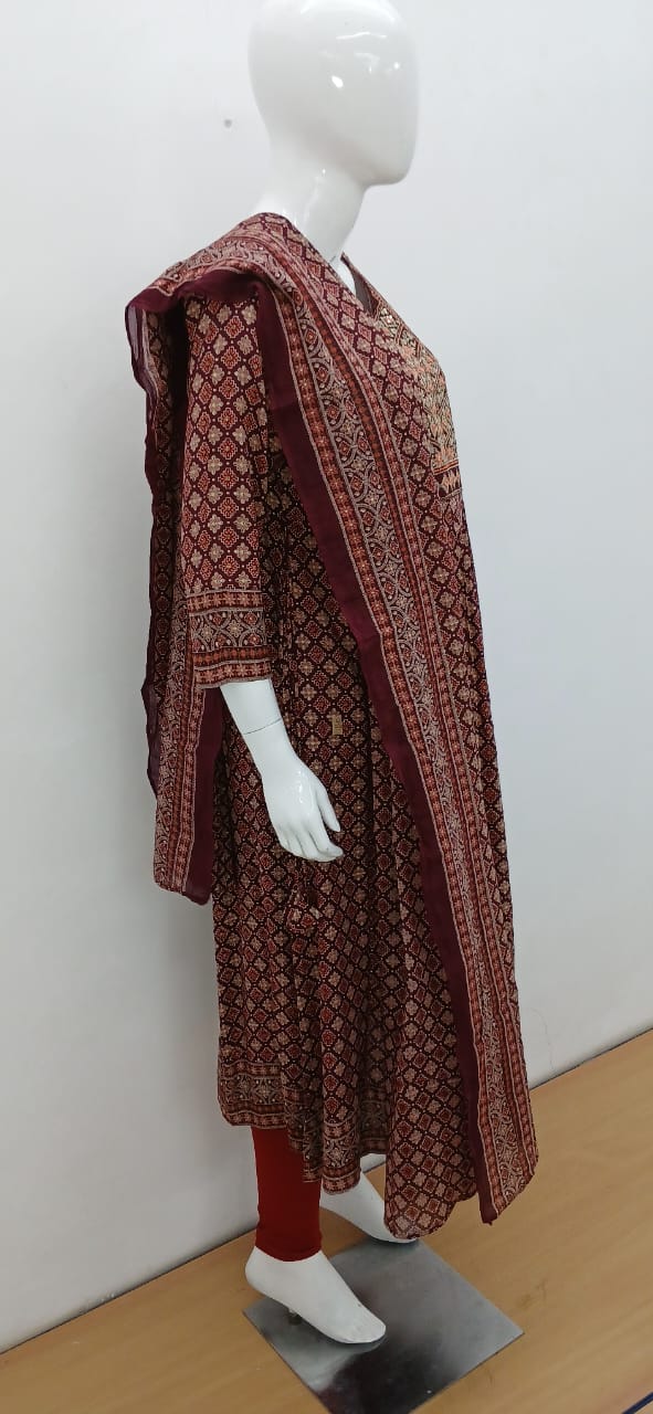 Maroon Ajrakh Print Cotton Kurta Set with Mirror Work