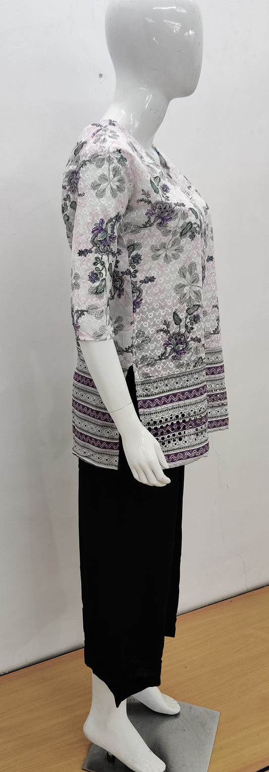 Grey & Purple Floral Print Short Kurti