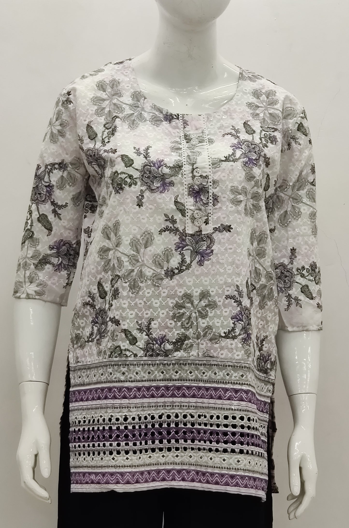 Grey & Purple Floral Print Short Kurti