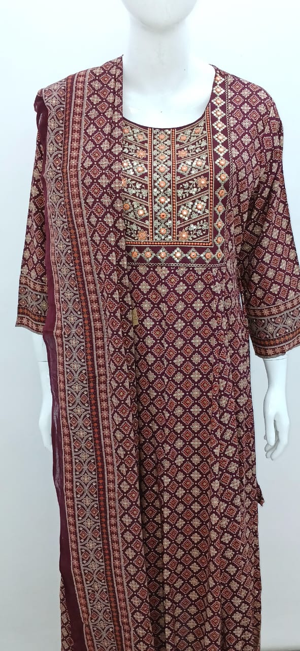 Maroon Ajrakh Print Cotton Kurta Set with Mirror Work
