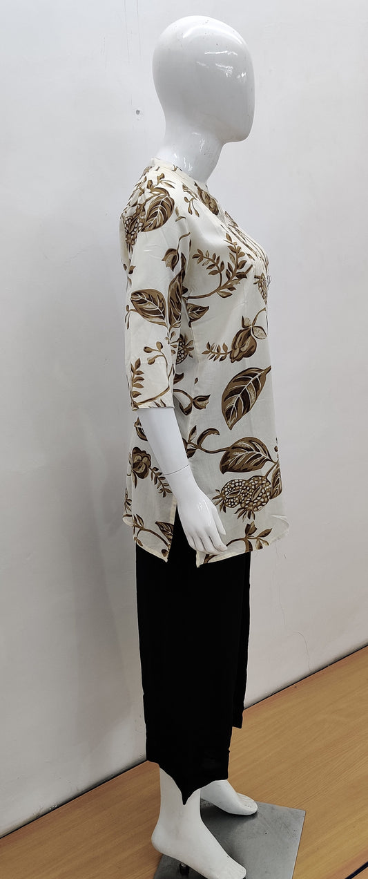 Cream Floral Print Short Kurti
